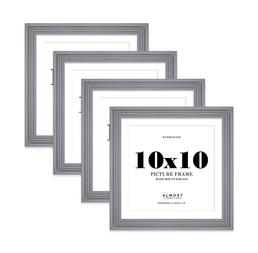 10x10" Grey Picture Frame - 10x10" Square Frame with 9x9" Mount for 10x10"/9x9" Pictures Art Deco Style Gallery Wall, 4 Pack