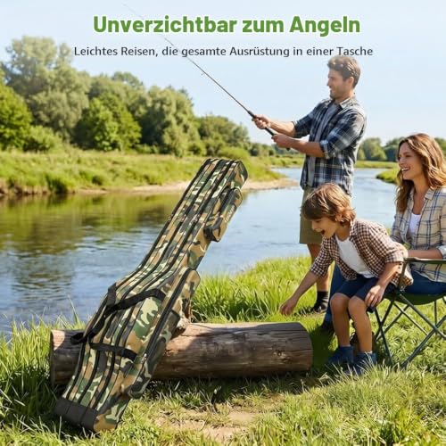 150cm Angeltasche Rutentasche, Angeln Tasche mit 3 Fächern Wasserdicht Falten, Rutenfutteral Angelkoffer Angelrutentaschen mit Tragegurt für Angelrollen Kescher Werkzeug Ruten und Zubehör – Bild 4