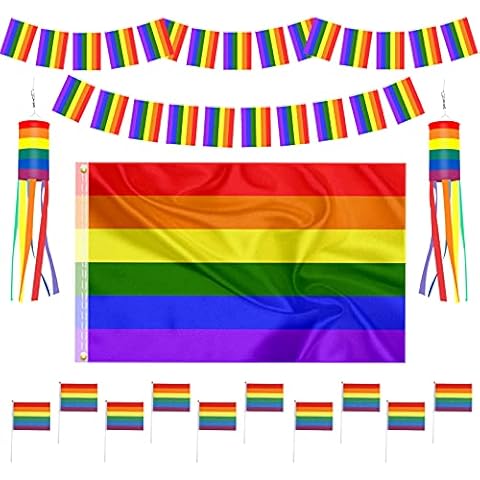 Rainbow Gay Pride Flag Decoration party Set, MicButty 3 x 5 FT Rainbow Flags with LGBTQ Pride Banner, Rainbow Windsock Flag outdoor and Mini LGBT Hand Held Stick Flags for Pride Month Parade decor Cover