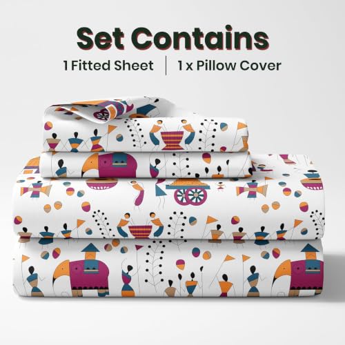 Image of LORETO - A QUALITY LINEN BRAND 186 TC 100% Pure Cotton Single Fitted Bedsheet with 1 Pillow Cover for 78 x 36 Inch Mattress, All-Around Elastic, 8 Inch Deep Pocket, Tribal Motifs