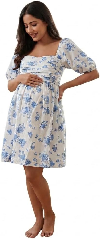 Cichic Blue Floral Ruched Off Shoulder A-line Puff Sleeve Sweet Going Out Maternity Photoshoot Baby Shower Mini Dress