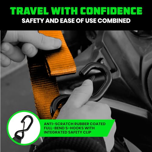 Image of Rhino USA Motorcycle Tie Down Straps (2 Pack) Lab Inspected 2,200lb Break Strength, Steel Cambuckle Tiedown Set with Integrated Soft Loops - Better Than a Ratchet Strap (Orange 2-Pack)