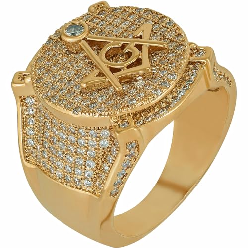 LIFETIME JEWELRY Masonic Ring 24k Real Gold Plated Blinged Out Cubic Zirconia Mens Ring