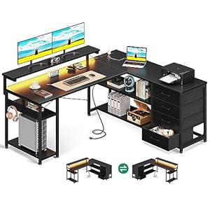 AODK 53″ L Shaped Desk with Drawer, Computer Desk with Power Outlets & LED Lights, Reversible Corner Gaming Desk for Home Office Workstation, Office Desk with Monitor Shelf, Pure Black