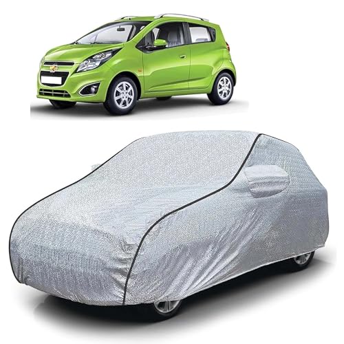 Image of Sulfar 100% Waterproof Car Body Cover Compatible with Mirror for Chevrolet Beat (Triple Stitched, Full Bottom Elastic, Magic Silver with Black Piping)