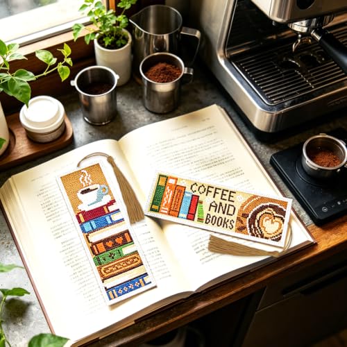 Image of ACRNIGHEET 6PCS Cross Stitch Bookmark Kit for Beginner Stamped Cross Stitch Kits for Adults Book&Coffee DIY Tassel Embroidery Bookmark Kits Needlepoint Kit with Instructions Craft Gift 8.5''x3'' 11CT