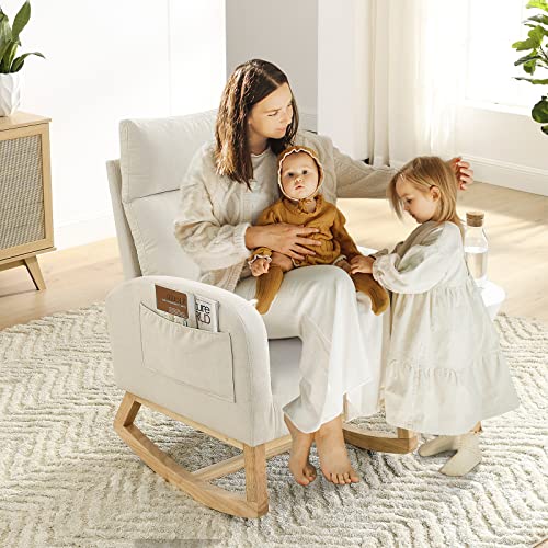 Antetek Rocking Glider Chair For Nursery, Modern Fabric Accent Rocker Upholstered Tall Back Arm W/Side Pockets, Leisure Single Sofa Living Room, Hotel, Bedroom, Office, Beige #TOP15