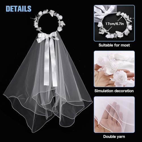 Image of Girls First Communion Veil White Floral Crown with Pearls Headpiece for Communion Day