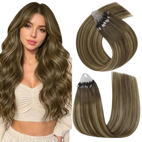 Image of Easyouth Micro Ring Hair Extensions Human Hair Balayage, Long Straight Hair