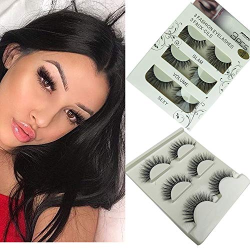 FDXH Imported Fiber 3D Mink False Eyelashes Handmade Reusable Long Cross Makeup Natural 3D Fur Fake Eye Lashes Thick Natural Black 3 Pairsd(3D-22)