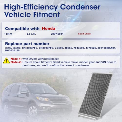 Image of Air Conditioning A /C Condenser Compatible with Honda CR-V 2007-2011 L4 2.4L # 3599, 7013599, 4770626, 80110SWAA01, HO3030150
