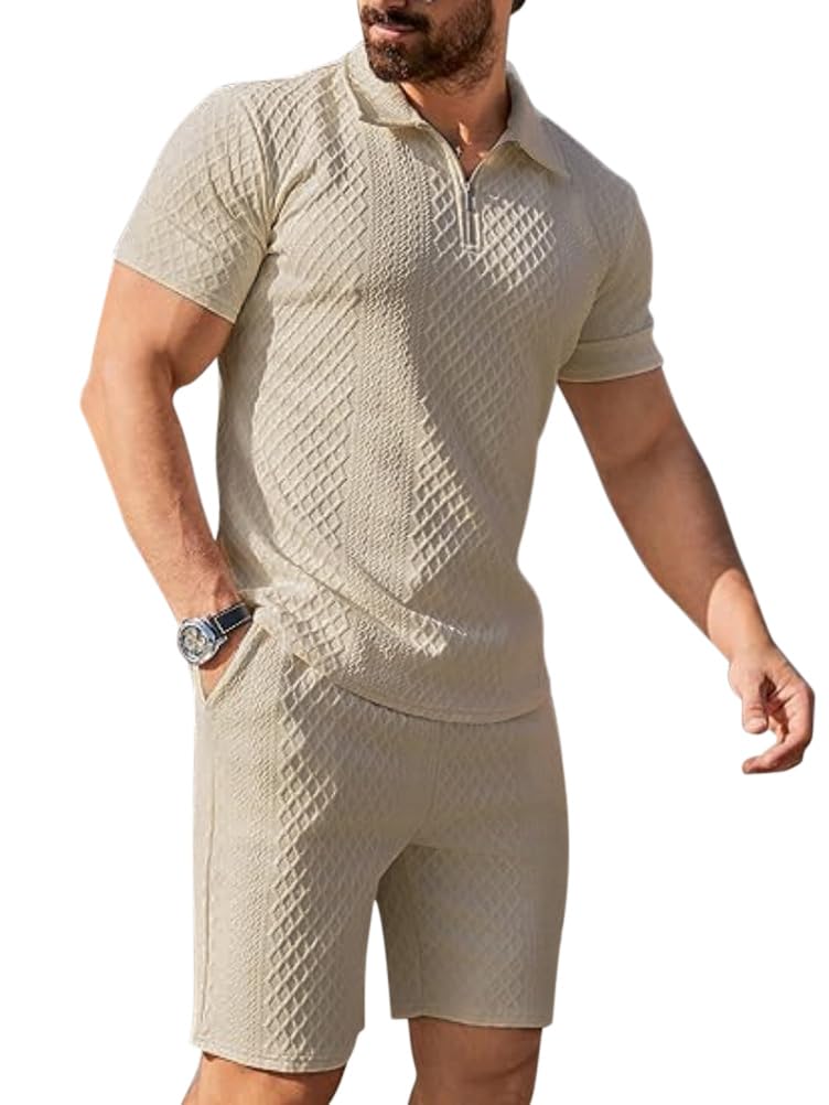Homme Ensemble Chemises 1/4 Zip Hauts à Manches Courtes 2 Pièce Survêtement Été T-Shirt Chemisette et Pantacourt Bermudas Shorts pour Vacance Loisir