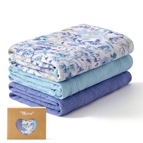 Image of TILLYOU 3 Pack Muslin Swaddles for Newborns Baby Blankets for Girls Boys Cotton Swaddle Blankets 40"X40", Blue Flower