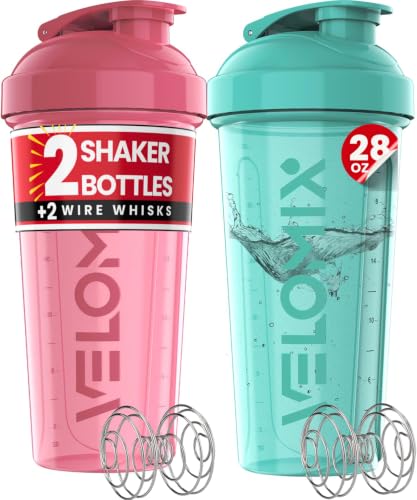 Image of VELOMIX -2 Pack- 28 oz Protein Shaker Bottles for Protein Mixes - 2x Wire Whisk | Leak Proof Shaker Cups for Protein Shakes and Pre Workout | Protein Shaker Bottle Pack (A3) Aurora Pink /Turquise