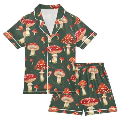 ALAZA Mushroom Red Vintage Satin Pajamas Set Short Sleeve Button Down Sleepwear Summer Pjs 2 Piece