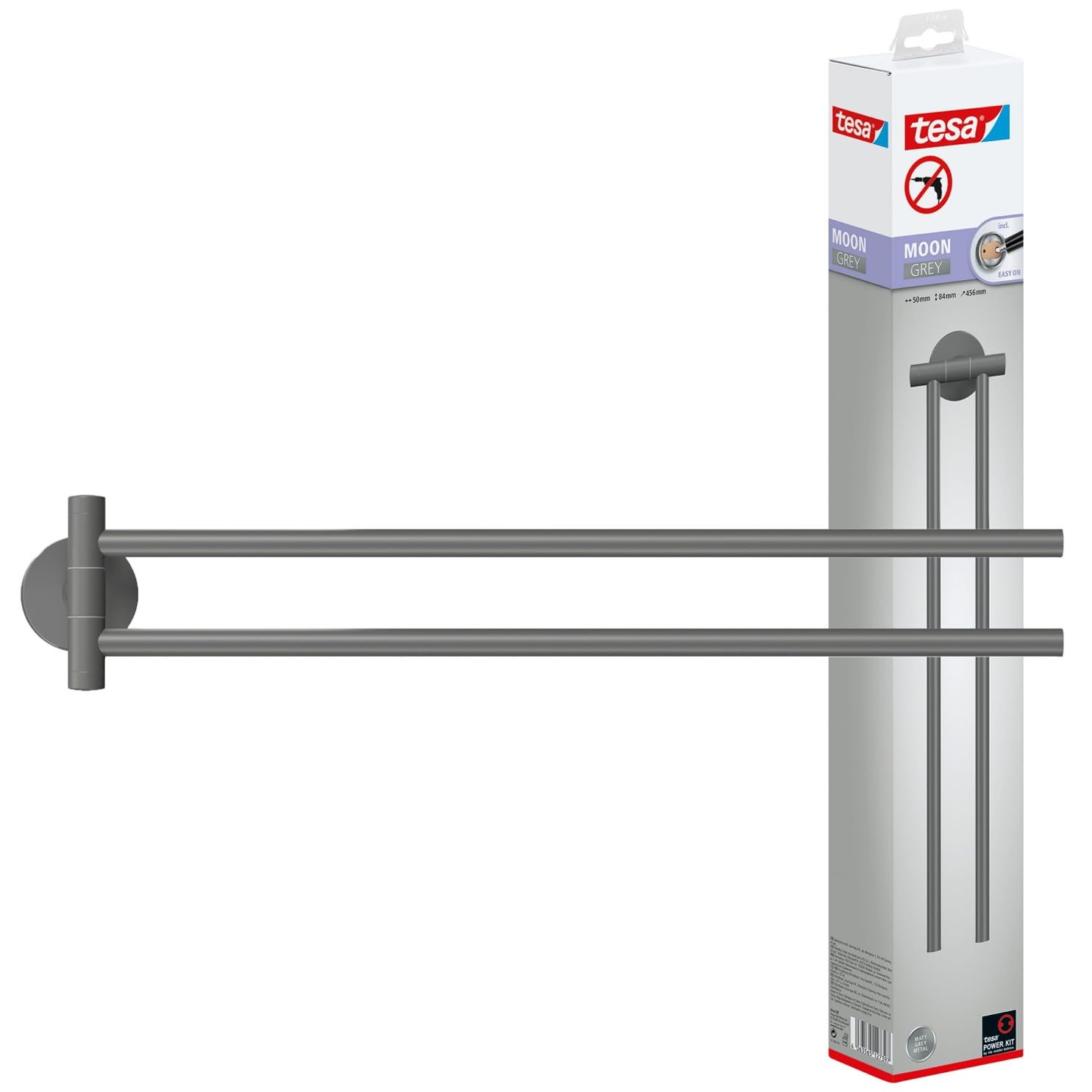 Tesa Uk Matt Grey Tesa Moon Grey Towel Holder 2-Arm, For Bathroom And Wc - For Bathrooms In Industrial And Modern Style - Drill-Free, Incl. Adhesive Solution - 84 Mm X 50 Mm X 456 Mm