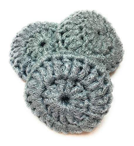 Set of 3 Grey Gray Silver Nylon Net Double Thickness Crocheted Pot Scrubbers Scrubbies Scouring Scrubbing Pads for Dishes