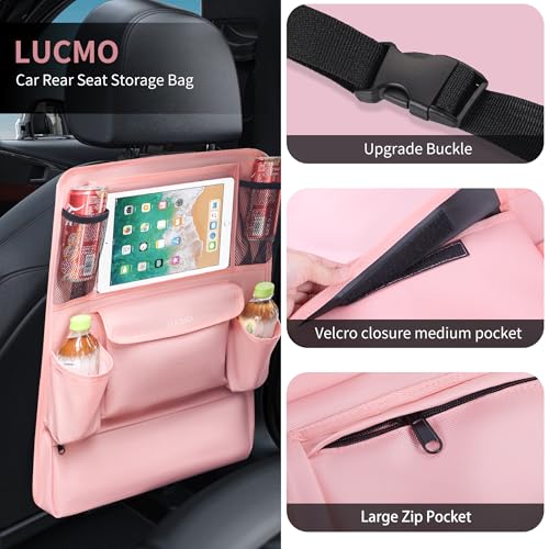 Image of LUCMO Car Backseat Organizer with Touch Screen Tablet Holder, Pink | 9 Storage Pockets,Clear Tablet Holder,Protectors Kick Mats,Travel Accessories,Seat Cover,Road Trip Essentials