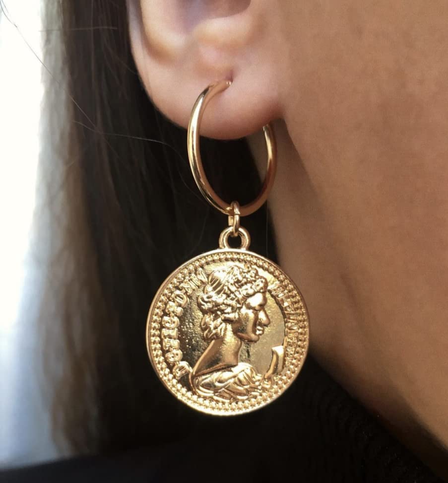 Doubnine Coin Hoops Earrings Medallion Greek Goddess Portrait Gold Dainty Tiny Disc Dangle Women Fashion Jewelry2