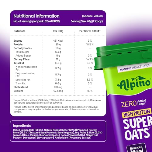 Image of ALPINO 25g High Protein Super Oats Chocolate 2.5kg - Rolled Oats with Peanut Butter, Cocoa, Nuts & Seeds - Zero Added Sugar & Salt - Source of Dietary Fibre & Healthy Fats