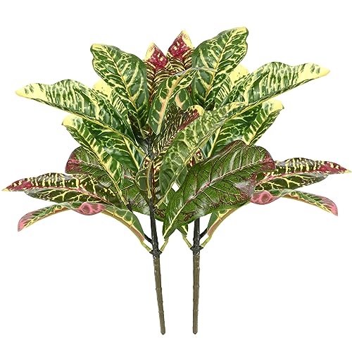 Artificial Croton Plant Leaf Branches Lifelike Tropical Houseplant Bush Stems for Home Office Decoration 2 Pack