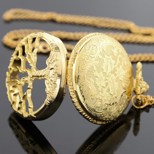 Image of Tiong Pocket Watch Hollow Tree of Life Design Roman Numerals Engraved Bible Verse Quartz Pocket Watch with Chain Custom Pocket Watch Birthday Gifts