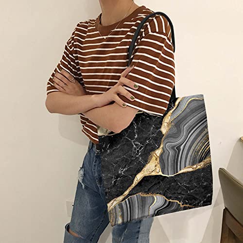 Yumqseos Kitchen Reusable Grocery Bags Large Tote Bag Reusable Casual Handbag For Lunch Travel Shopping - Black And Gold Marble #TOP1