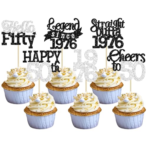 Gyufise 24Pcs Happy 50th Birthday Cupcake Toppers Hello Fifty Legend Since 1976 Cupcake Picks Cheers to 50 Years Cake Decorations for 50th Birthday Anniversary Party Supplies Black Silver