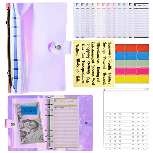 Heyu-Lotus Classeur a6 Budget Enveloppe, Classeur Pour Budget avec 10 Pochettes Zippées, 12 Feuilles de Budget et Autocollants D'étiquettes Pour Bureau Carte de Visite Agenda Cover