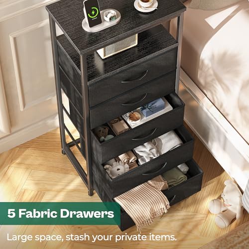 Image of Huuger 5 Drawers Dresser with Charging Station, Dresser for Bedroom | Tall Night Stand, Chest of Drawers with Open Shelf, Bedside Table Nightstand, Fabric Storage Drawers, for Entryway, Black