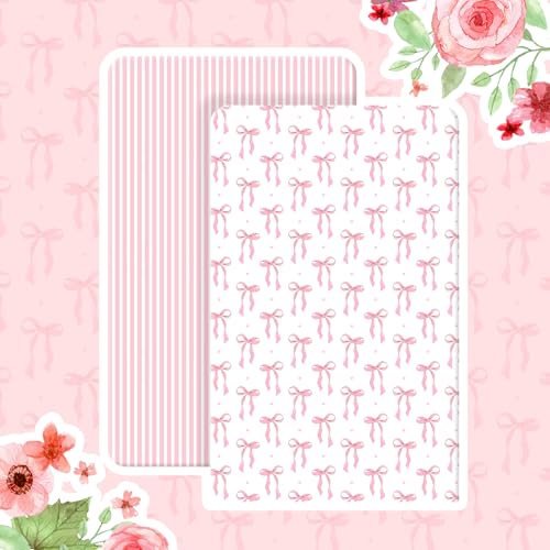 Image of Peryiter 2 Pack Crib Sheets for Girls Boys Coquette Bed Sheet Set Fitted 52'' x 28 inch for Standard Crib Mattress Stretchable Soft Toddler Aesthetic Nursery Decor(Bow,Pink)