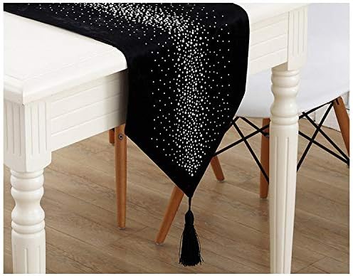 Shiny Bling Rhinestones Black Thick Polyester Deco Tassels Wedding Party Hotel Restaurant Bed Table Runner Cloth (13inch x 80inch)
