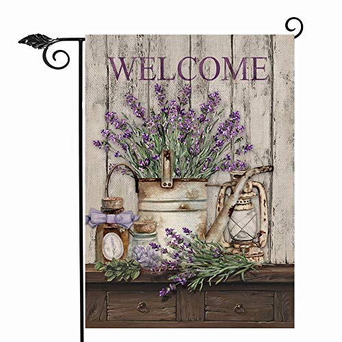 Hzppyz Welcome Spring Summer Garden Flag Lavender Flower Bucket Decorative House Yard Lawn Outdoor Small Burlap Flag Lantern Decor Vintage Farmhouse Seasonal Outside Decorations Double Sided 12 x 18