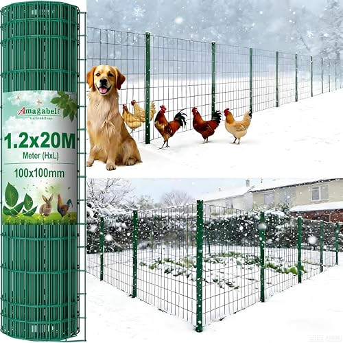 Amagabeli 1.2M X 20M Gartenzaun Zaun PVC-beschichteter Rostfrei 100 x 100mm 2.1 mm Drahtzaun Maschendraht Hundezaun Zaunelemente Grünen Drahtgitter...