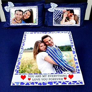 DREAMVIO Polycotton Personalised Photo Double Bedsheet with 2 Personalised Pillow Covers - 18X27 Inch (Blue, Dvphoto_Bed_Sheetnew_Blue)