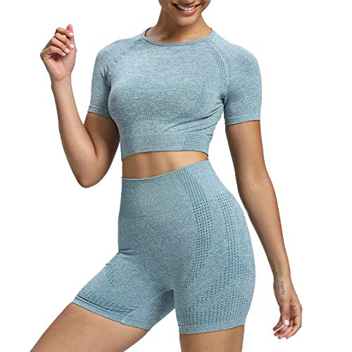 Aoxjox Yoga Outfit for Women Seamless 2 Piece Workout Gym Vital High Waist Shorts with Short Sleeve Crop Top Set (Forest Green Marl, Medium)