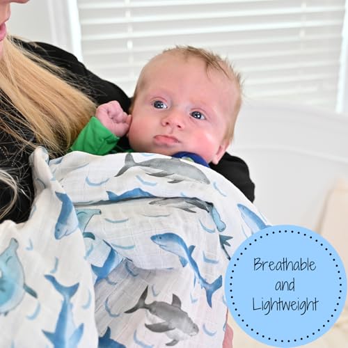 Image of LollyBanks Baby Blanket for Boys, 100% Cotton Muslin Swaddle Blankets, 47 x 47 Inches Soft and Breathable Receiving Blankets, Cozy Newborn Swaddle, Baby Essentials, Registry (Shark Print)