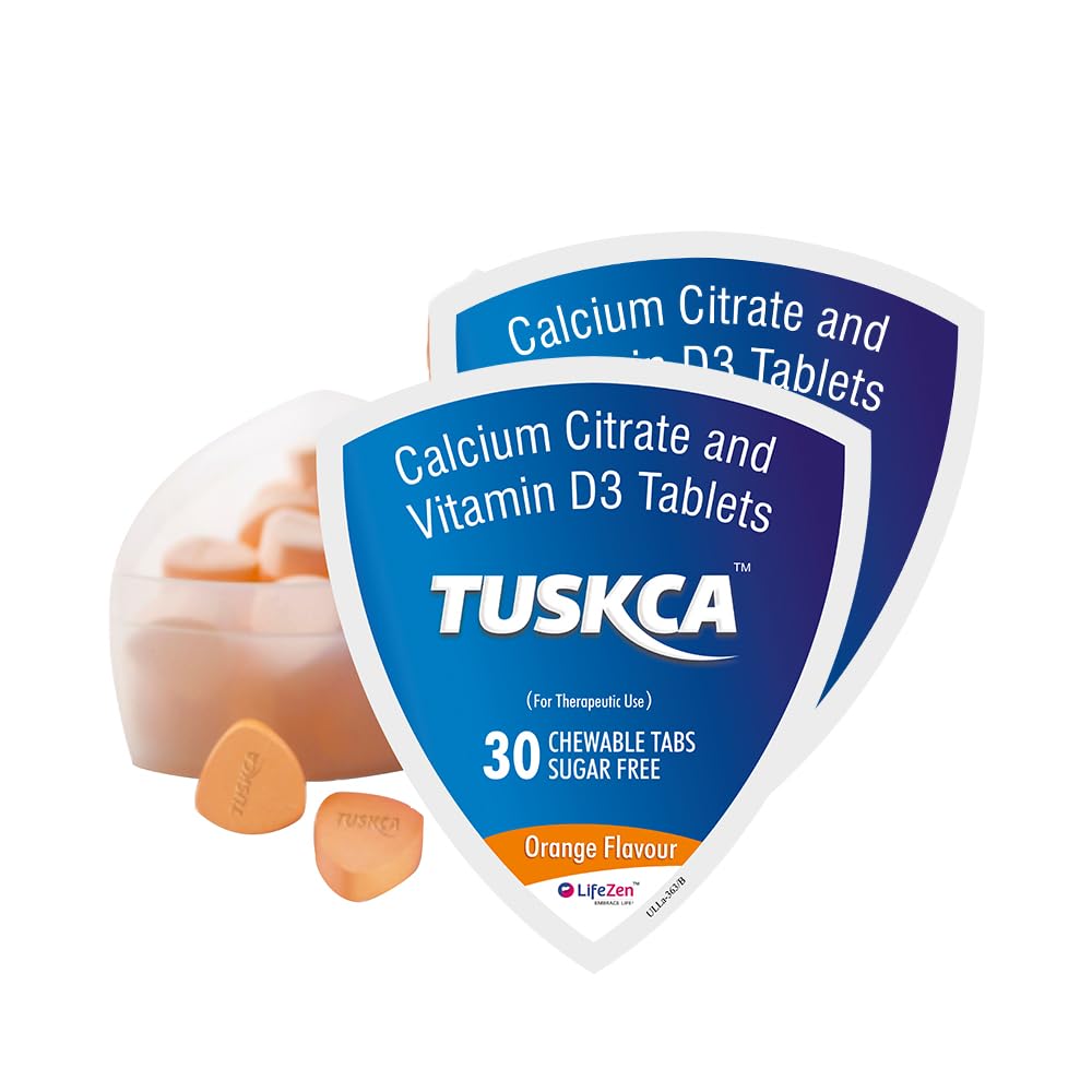 Tuskca Chewable Calcium Tablets for Men & Women with Vitamin D3, Sugar-Free, Diabetic-Friendly, Gluten-Free, Lactose-Free, Healthy Bones and Joint (Orange, Pack of - 2)