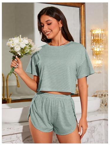 Image of OYOANGLE Womens Pajama Sets 2 Piece Sexy Lounge Sets Summer Cute Pjs Striped Print Tee and Side Split Shorts Set