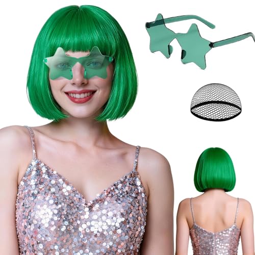 rookea Green Bob Wig Star Sunglasses Hair Cap Pack for Women Neon Colored Bob Wigs Fancy Hairpieces for Cosplay St. Patricks Day Christmas Halloween Costume Mardi Gras Party Outfit Photography