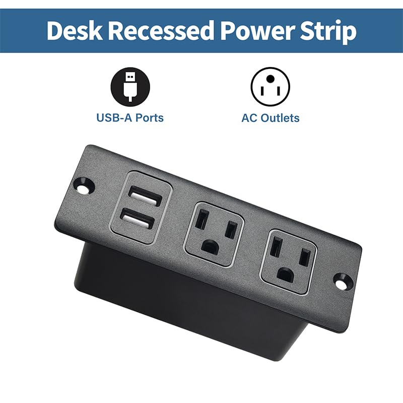 Recessed Power Strip with USB-A, Built-in Outlet Socket, Flat Plug Extension Cord, Dual Installation with Steel Brackets for Desk, Kitchen Island, Cabinet, Workbench (2AC USB-A)