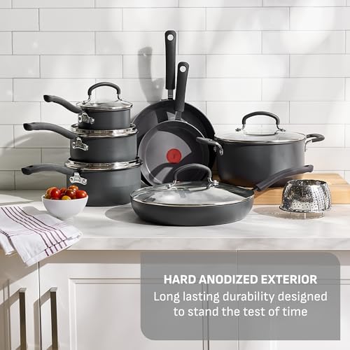 Image of T-Fal Ultimate Hard Anodized Nonstick 13 Piece Cookware Set, Oven Safe Up to 400F, Pots and Pans Set, Includes Frying Pans, Saucepan, Stockpot, Cooking Utensils, Stone