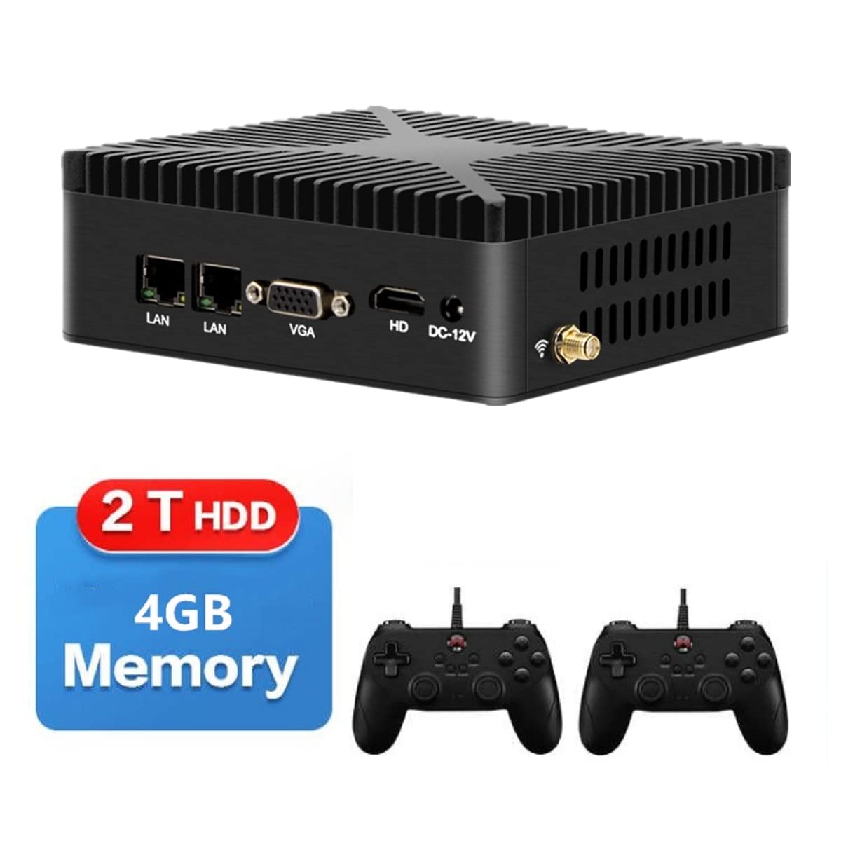 MOUDOAUER Mini Gaming PC 4G RAM 2T HDD VGA HMDI 1.4 Uscita Built-In 60000+ Plug&Play con 2 Controller cablati USB Accessori per dispositivi di gioco