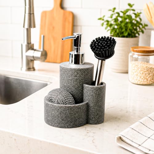 Image of MARKET 99 Kitchen Soap Dispenser (360 ML) | Grey Polyresin Dish Wash Liquid Holder | Matte Cylindrical Sink Accessory with Tiered Stone Finish for Kitchen Countertop