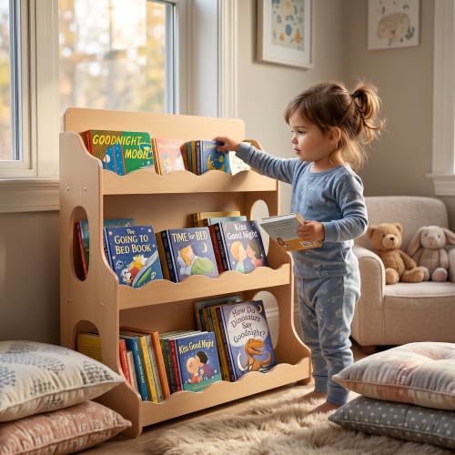Image of Wood Kids Bookshelf,Maplewood GrainPattern | Dutch Design Scalloped Montessori Toddler Book Shelf 3Tier Wooden Furniture
