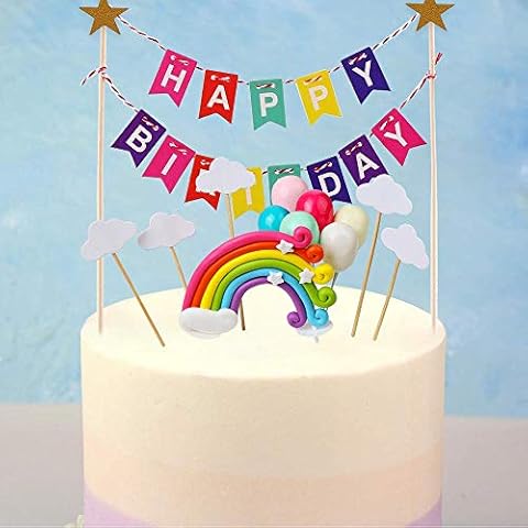 DERAYEE Rainbow Cake Topper Kit Cloud Star Rainbow Balloon Happy Birthday Banner Cake Decoration for Kids Birthday Party Baby Shower Cover