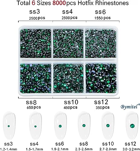 Image of Bymitel Hotfix Crystal Rhinestones Round Gems for Crafts,Mixed 6 Sizes with Wax Pencil Kit, Emerald 1.3-3.2mm(SS3-SS12 /8000pcs)