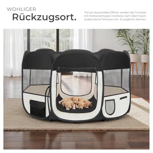 tectake® Welpenlaufstall, Tierlaufstall, Wurfkiste für Hund, Katze, Kaninchen, Auslauf, Gehege für Wohnung oder Camping - Hundezaun, Hundegitter, Auslaufgehege, Kleintiergehege - schwarz