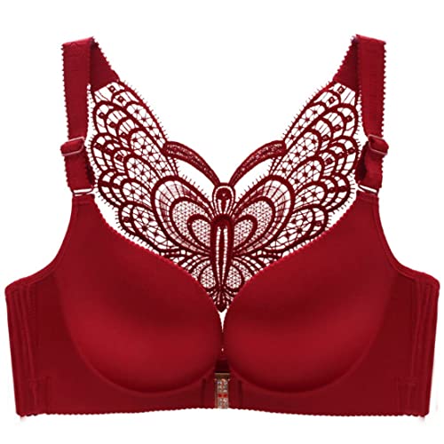 ZESLIV Femme Soutien-Gorge Fermeture Frontale Bralette avec Broderie Papillon Grande Taille 110D vin Rouge Soutien Gorge sans Armature Push Up Bra Cover