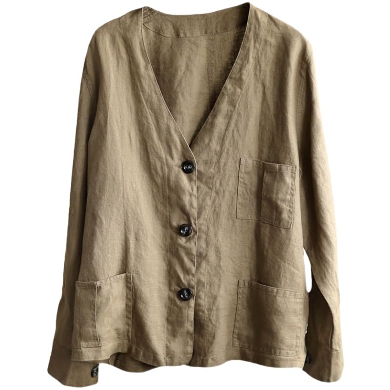 Generico Blazer in Lino da Donna Maniche Lunghe Scollo A V Giacca Blazer Leggera Sfoderata Primavera Estate Casual da Ufficio Cardigan Giacca con Tasche Top Traspirante